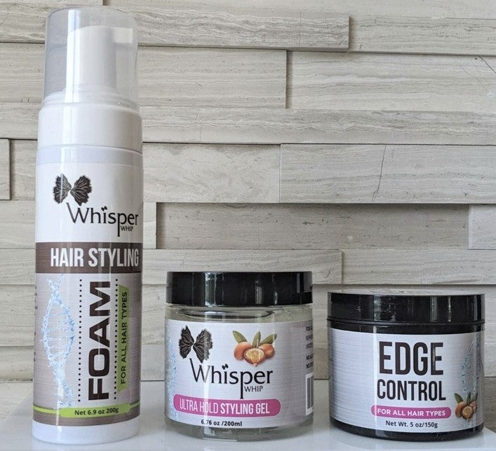 Whisper Whip Styling Foam Mousse, Styling Gel, and Edge Control Combo Set