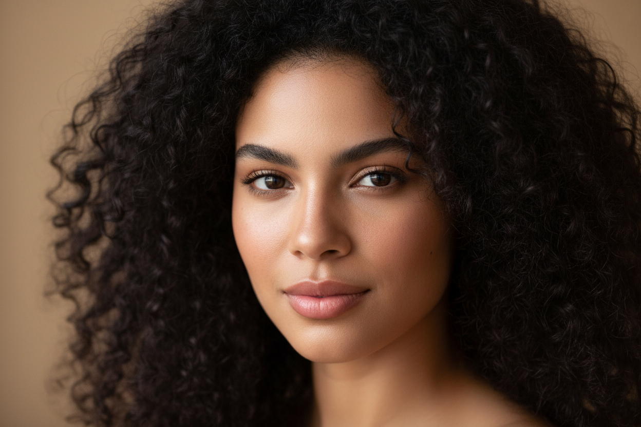 curly hair black model face shot