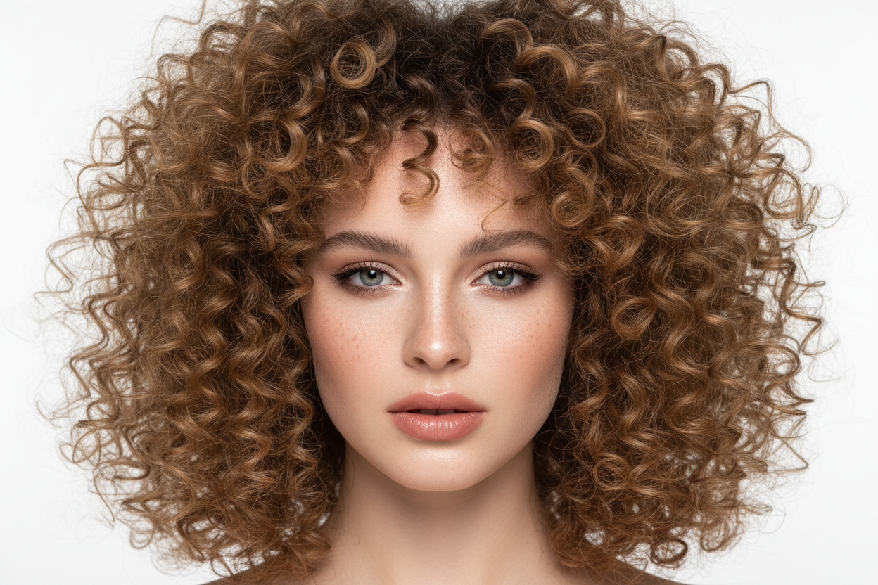 curly hair white model face shot