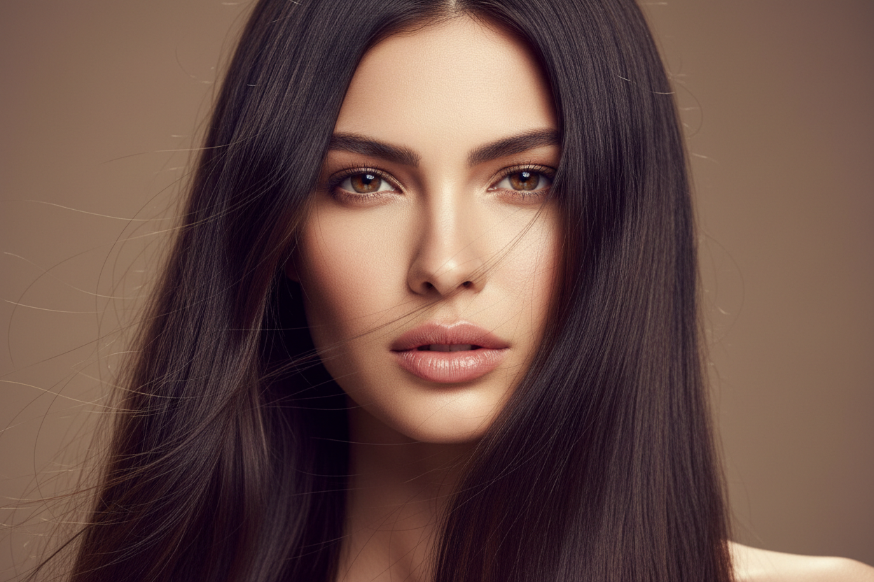 model with straight hair close up