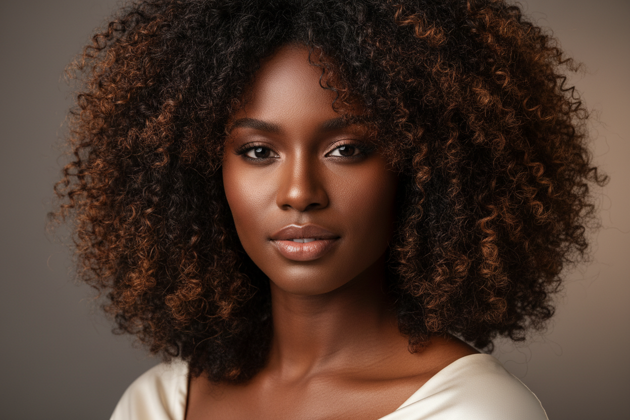 pretty black model curly hair face shot