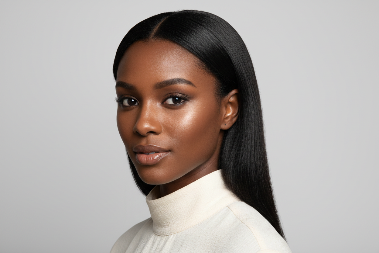 pretty black model with straight hair close up