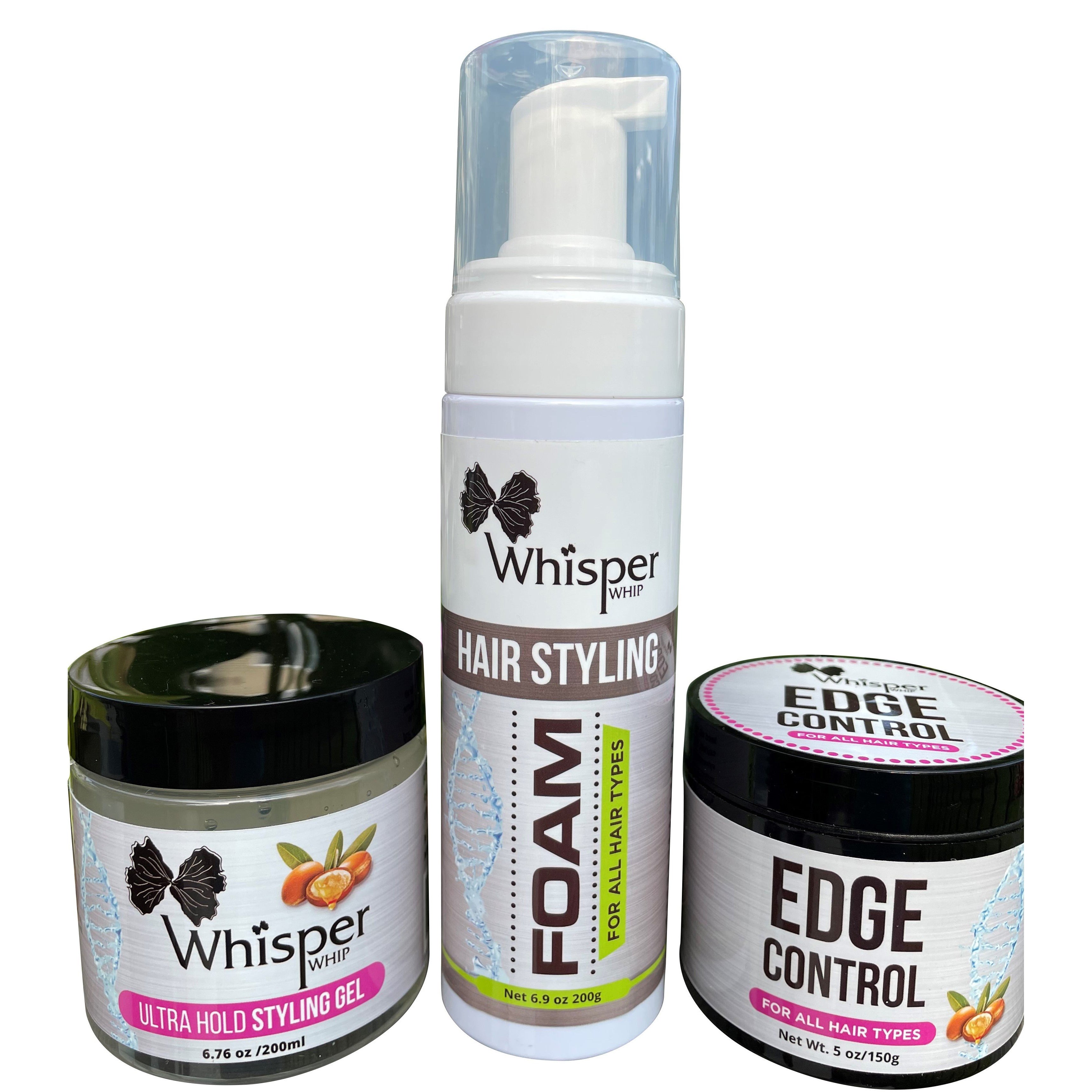 Whisper Whip Styling Foam Mousse, Styling Gel, and Edge Control Combo Set